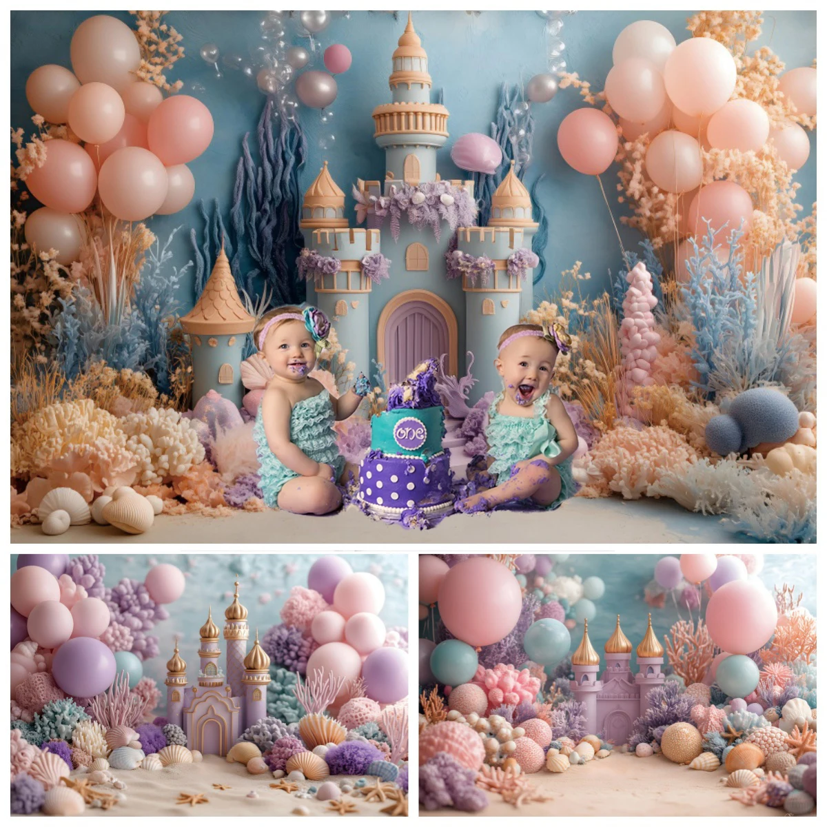 

Mermaid Princess Birthday Party Photography Backdrops Colorful Balloon Flower Castle Baby 1st Birthday Background Photo Studio