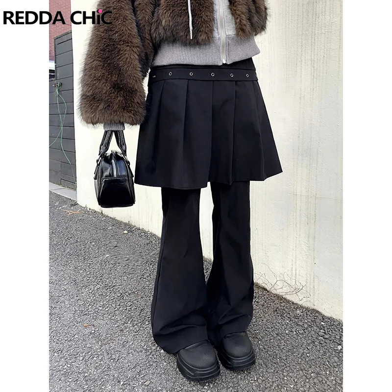

ReddaChic Acubi Fashion Suit Trousers Plus Size Cleanfit Pleat Skirt Patchwork Fake Two-piece Wide Leg Pants Korea Women Clothes