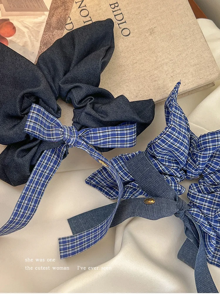 Bow Denim Blue Plaid Square Towel Large Intestine Hair Band Femininity Square Hair Accessories Headrope Rubber Band