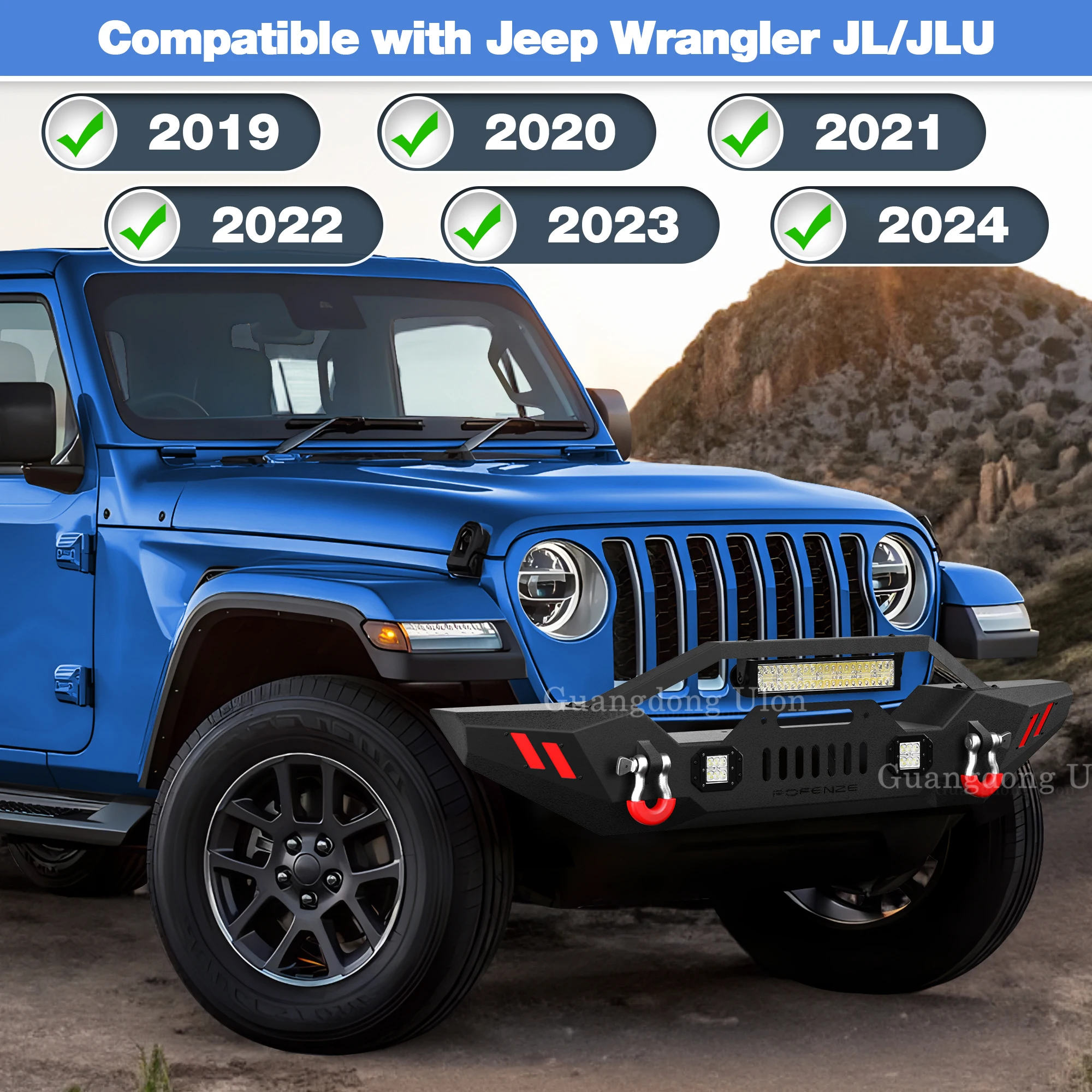 ULON Front And Rear Bumper For Jeep JL/JLU 2019 -2024 Textured Black With D-ring, Winch Plate And 144W LED Light Bar