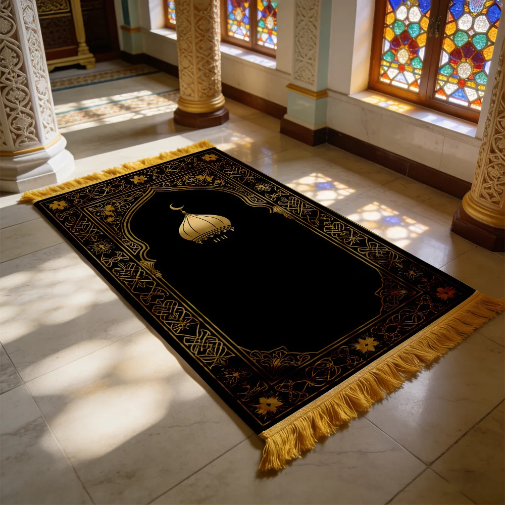VIKAMA Luxury Black Gold Dome Islamic Prayer Rug Portable Muslim Salah Mat Ramadan 2026 Gift Arch Home Decor Prayer Carpet