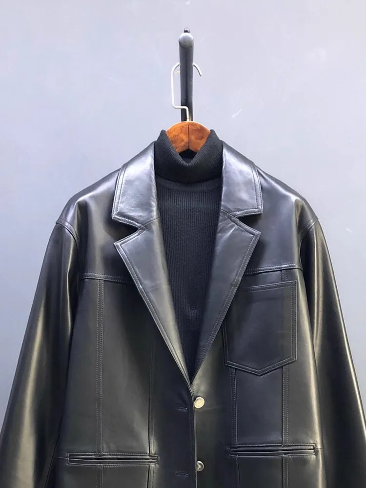 เสื้อสูทหนังแท้ทรงหลวมสไตล์ลำลองสำหรับผู้หญิง ดีไซน์เนอร์ออฟฟิศ กระดุมแถวเดียว ความยาวปานกลาง แฟชั่นเสื้อเบลเซอร์