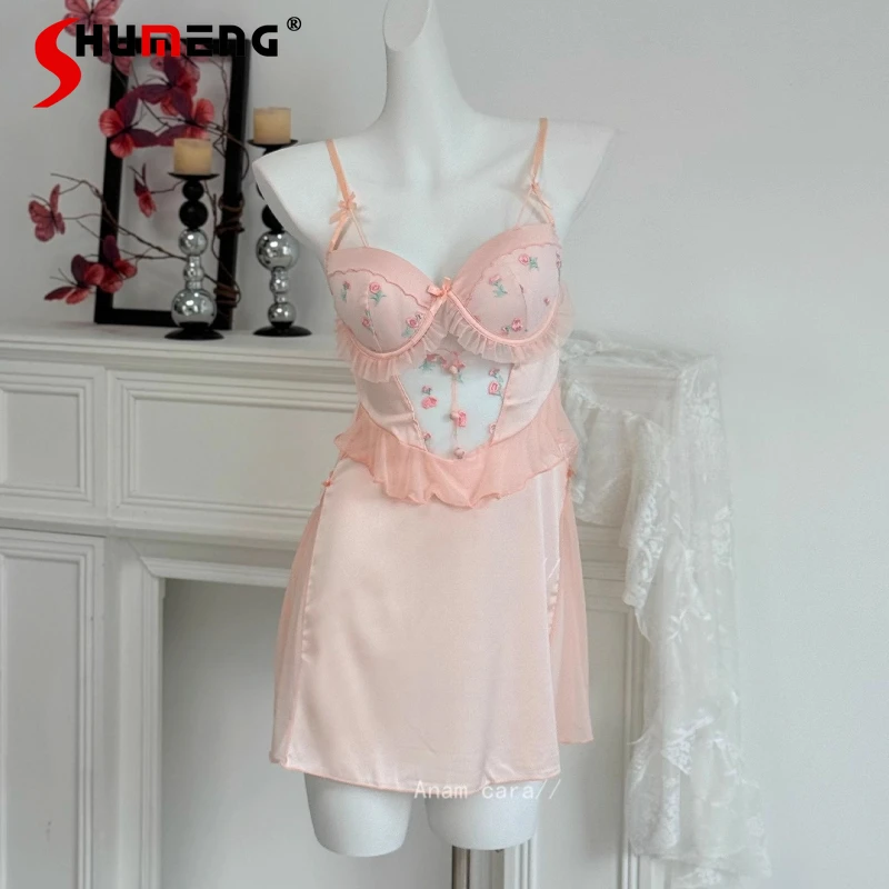 

Gathering Lace Embroidered Nightdress Set Women French Style Sexy Robe Suits with Chest Pads Female Small Chest Underwear