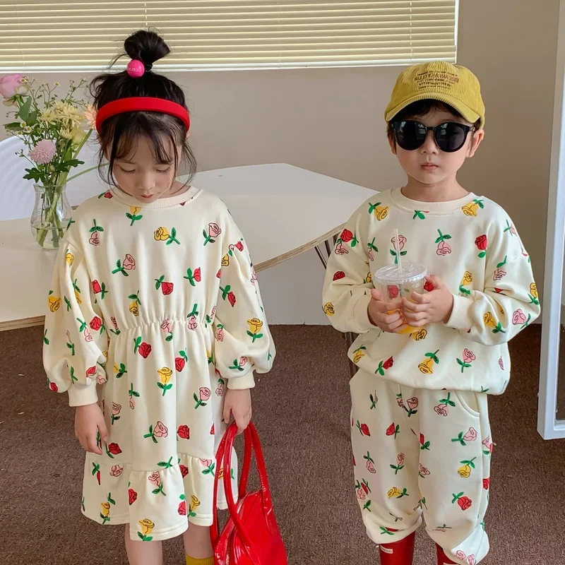 

Boys and Girls Suits Flowers Plants Long-sleeved Sweatshirts Velvet Warm Sister and Brother Clothes 2024 New Fashion Suits