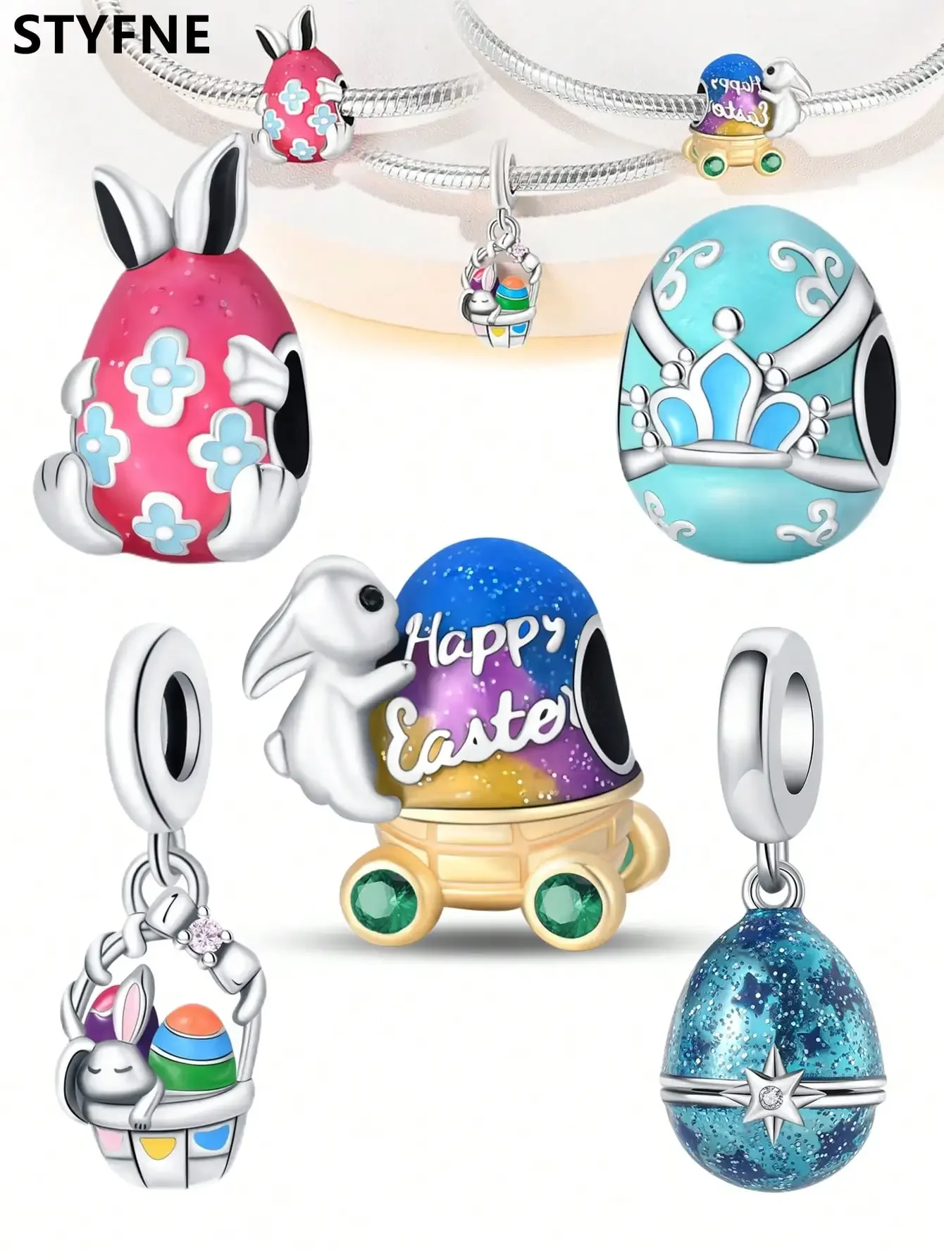 925er Silber vergoldete Original-Charms, Osterhasen-Eier, Perlen für Armbänder, Damenschmuck, Geschenk