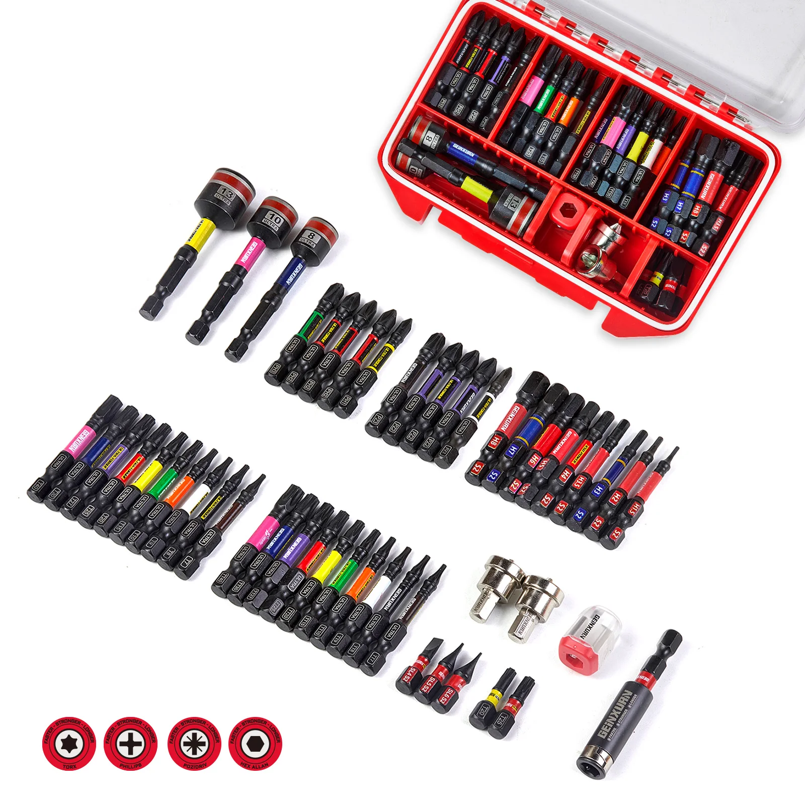 Geinxurn 52 pièces jeu d'embouts de tournevis à couple Ultra impact, embouts magnétiques en acier S2 avec porte-embout à percussion avec boîte de rangement