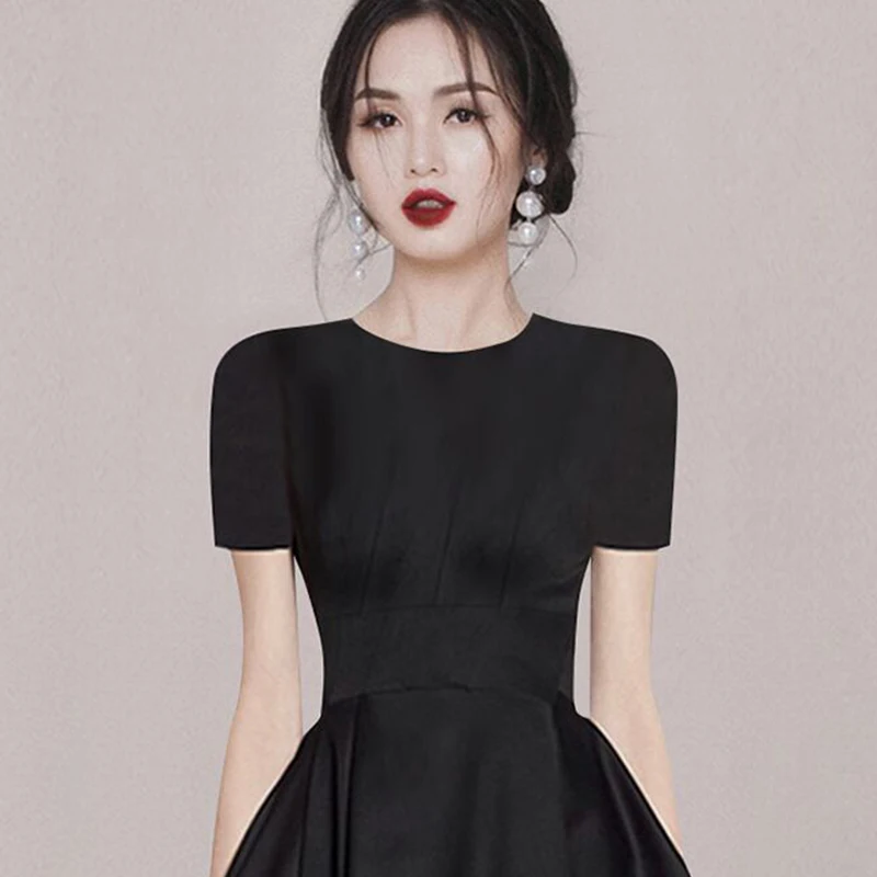 High Quality Fashion Summer Black Ball Gown Dress 2023 Elegant Women O Neck Short Sleeve Slim Waist Ladies Office Midi Vestidos