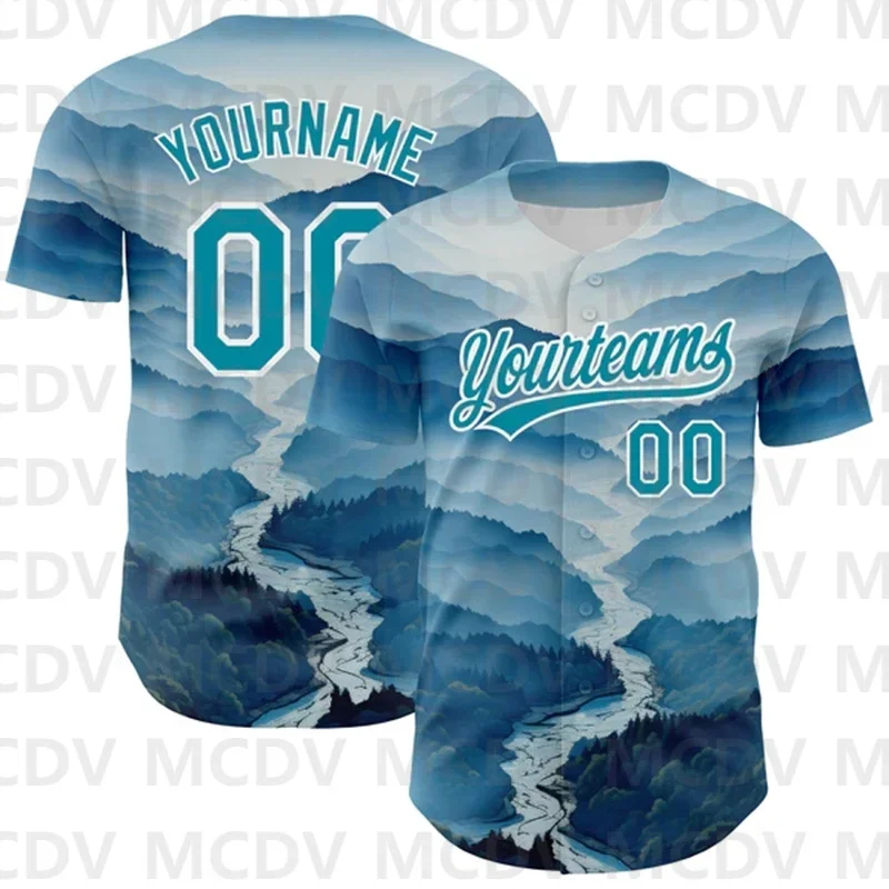 

Custom White Teal 3D Pattern Design Mountains Authentic Baseball Jersey 3D Printed Casual Team Shirts Unisex Tops