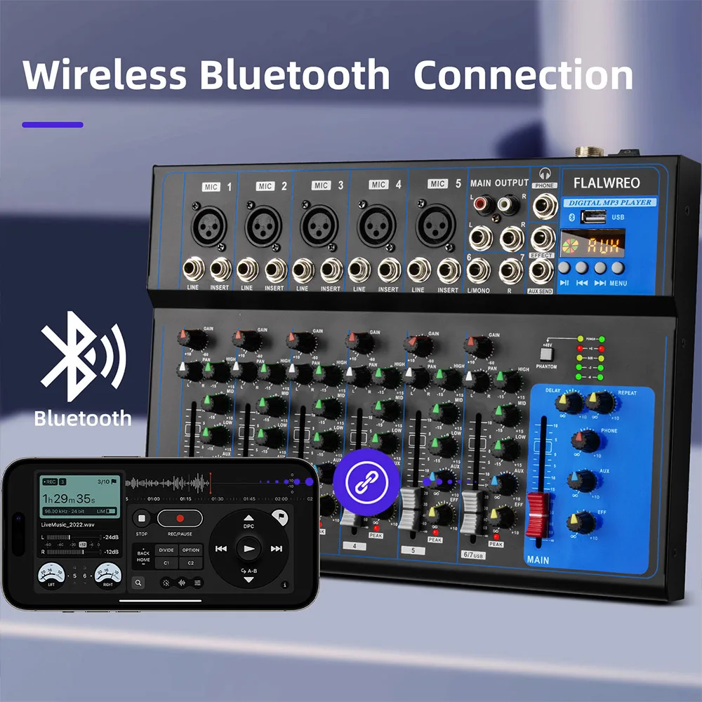 FLALWREO Sound Mixer Professional Portable Digital DJ Console 4/7 Channel with USB For Studio Record