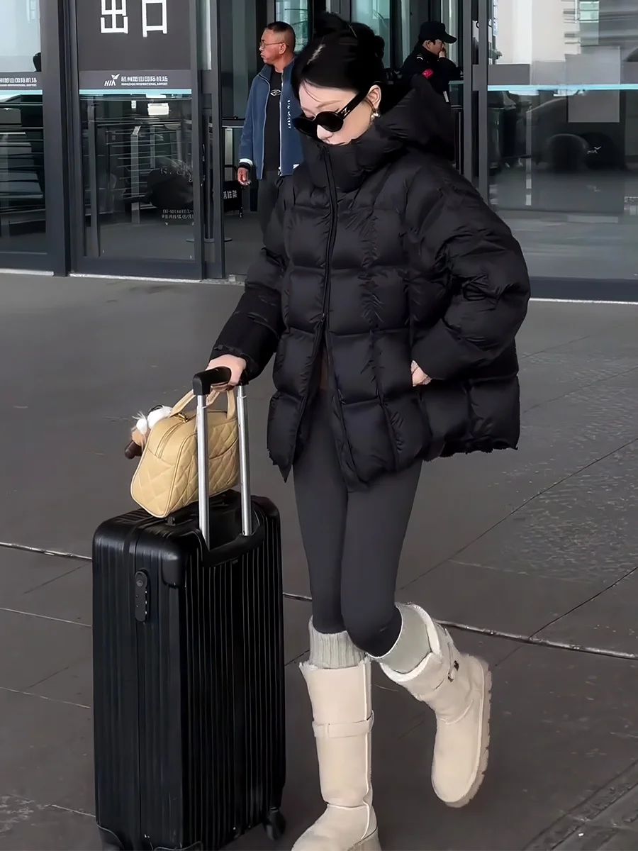 

Faionable Свободное черно-белое женское пальто-пуховик Jaet, повседневная шляпа средней длины на молнии, однотонная шляпа