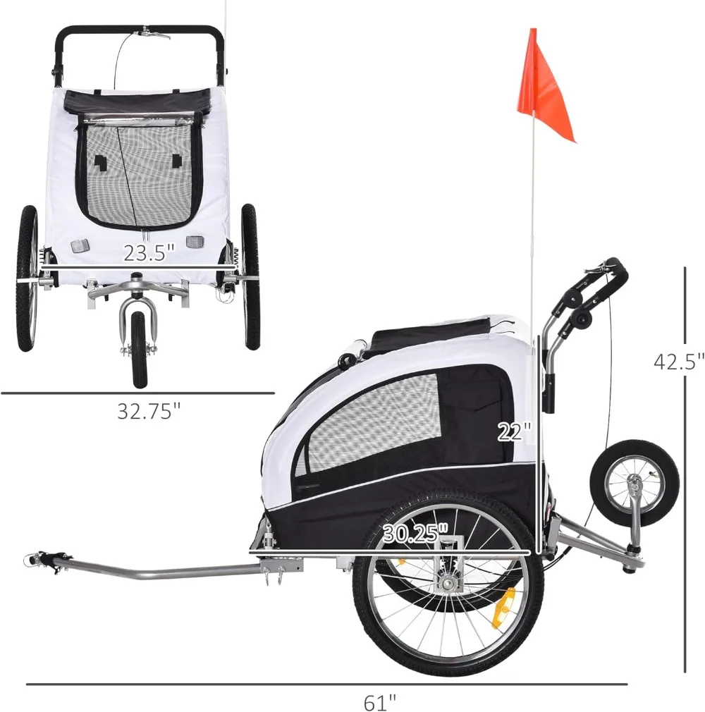 Remorque de vélo pour chien 2 en 1, poussette pour animaux de compagnie avec canModifications et poches de rangement, transport et rangement faciles, entrée et ventilation faciles