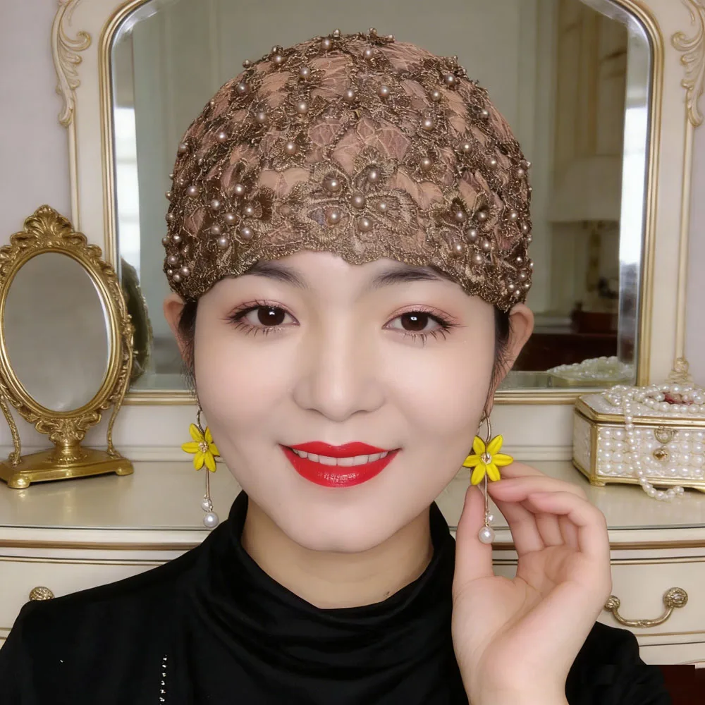 Malha rendas miçangas turbante chapéu quimio boné cabeça envoltório muçulmano feminino lenço perda de cabelo gorro interno hijab baggy gorro turbante mujer