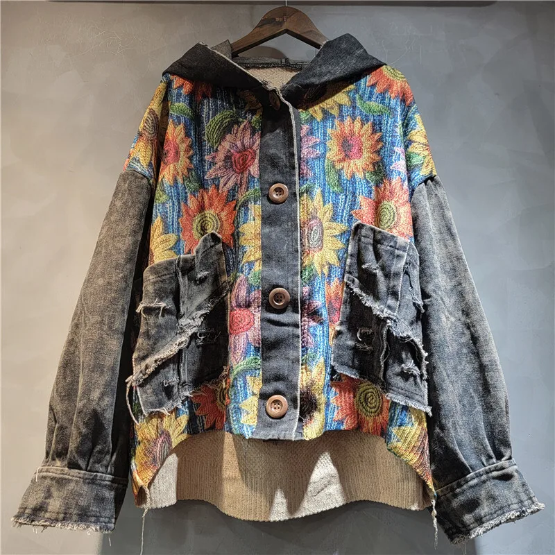 WTHT العصرية المرأة زهرة طباعة متماسكة تقسم الدنيم سترة 2025 الخريف جديد مقنعين طويلة الأكمام معطف الإناث 1LS2270