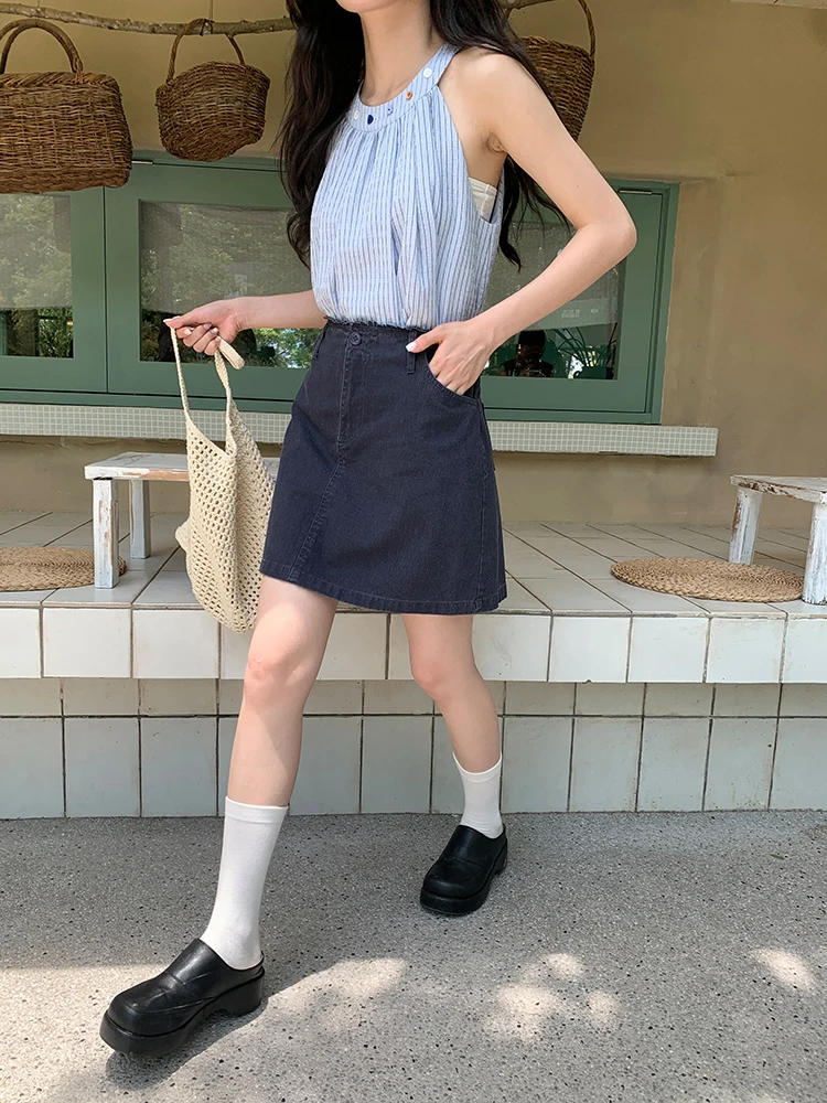 

Ретро-юбка А-силуэта глубокого синего цвета с высокой талией, женская летняя новинка 2026 года, элегантная короткая юбка для невысоких женщин