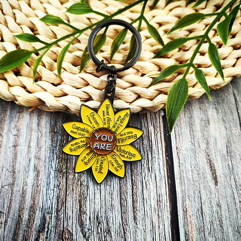 Sunflower Heart Healing Keychain Flower Petal Engraved Inspirational Phrase Pendant YOU ARE Series Keychain Key Ring Decoration