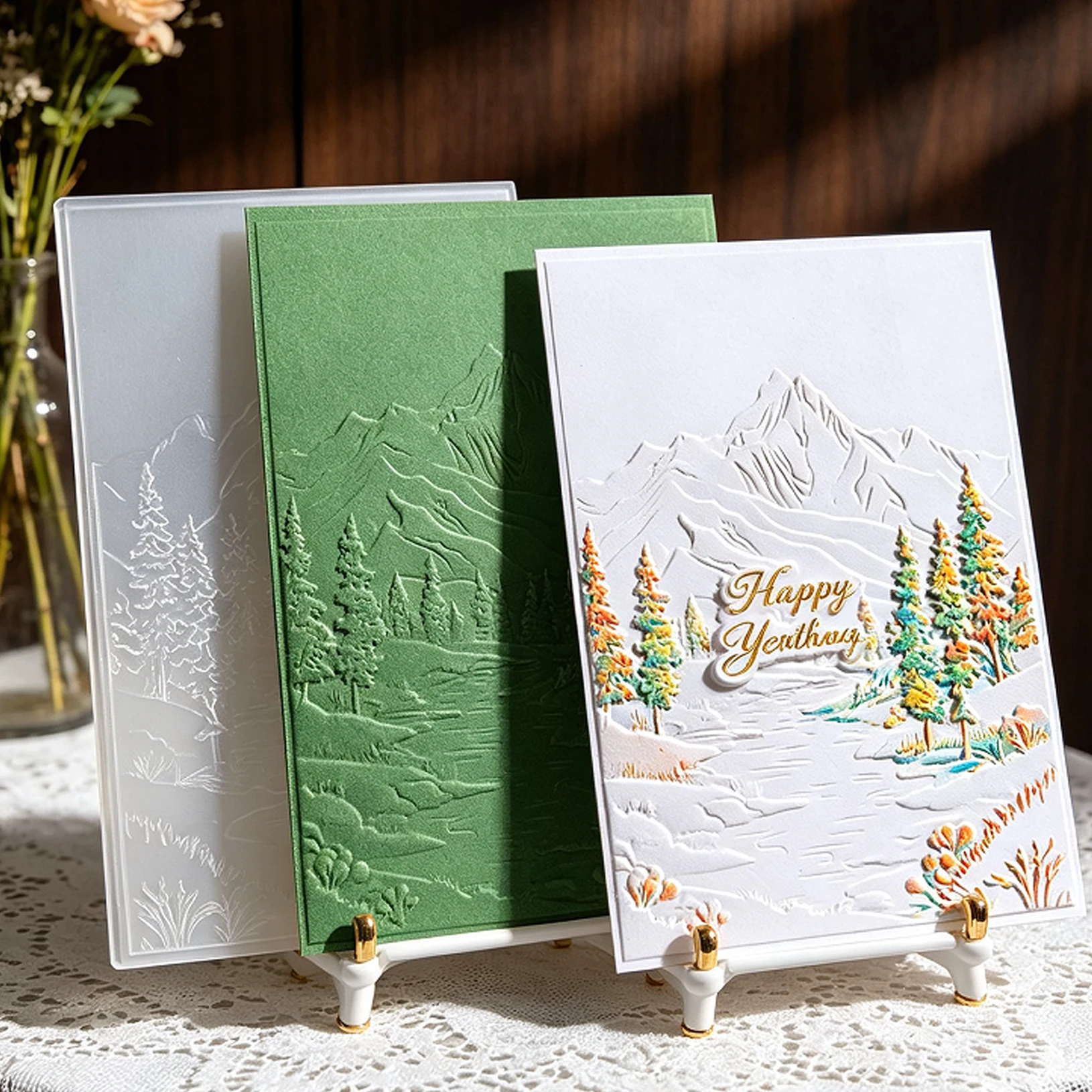 Nordic Snow Mountain Pattern Design Embossed Board Forest Stream Pine Forest Pattern Handmade Account Card Embossed Production M