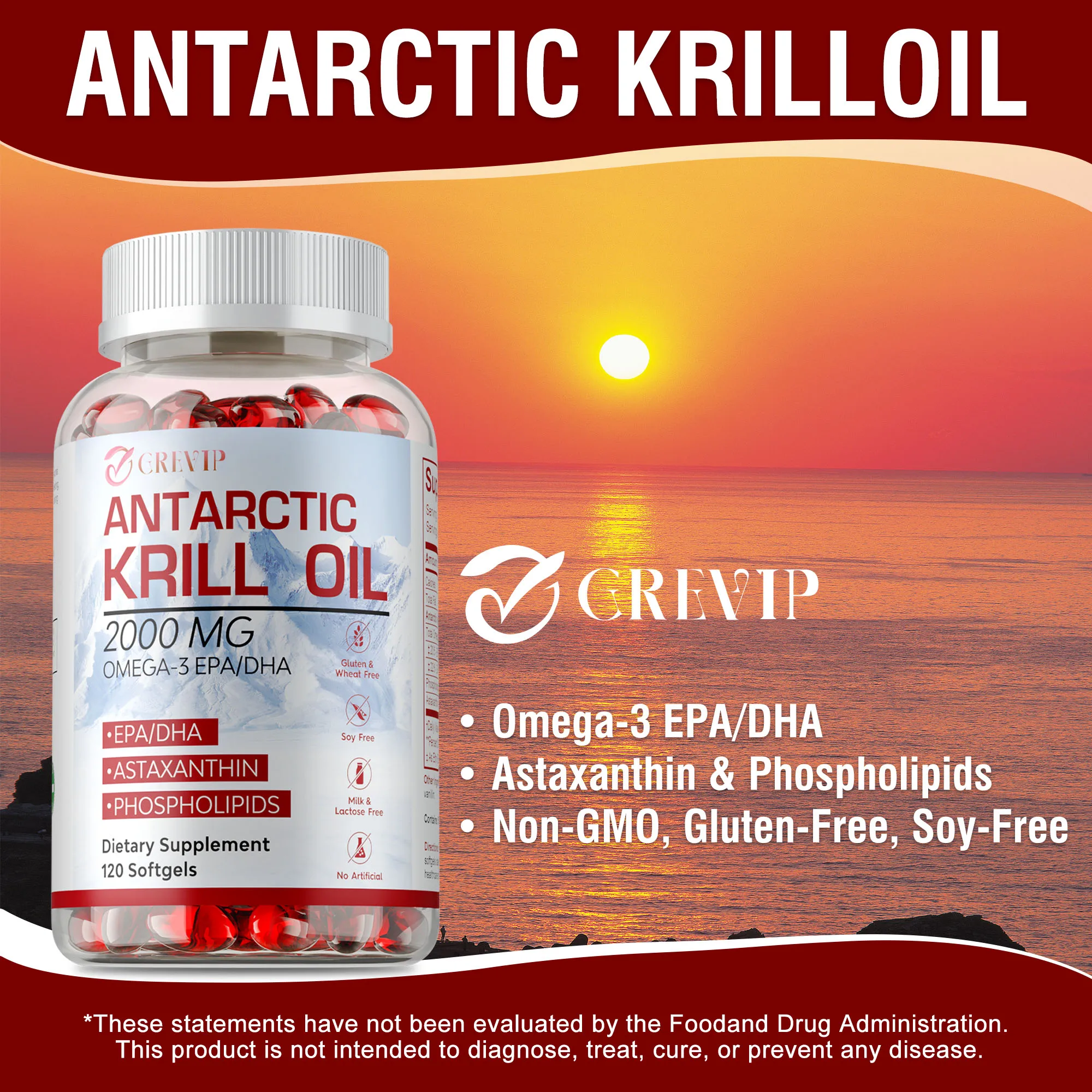 

Antarctic Krill Oil Capsules - Antioxidant, Lower Blood Pressure, Supports Skin, Joint & Cardiovascular Health, Boost Immunity