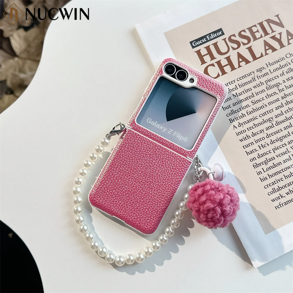 Luxurious Lychee Leather Texture Case for Samsung Zflip6 Z Flip 6 5 4 3 Flip4 ZFlip5 Side Clasp Hair Ball Pearl Bracelet Cover