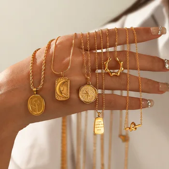 Fransız Vintage Kolye Erkekler Kadınlar için Yıldız Ay Çiçek Kolye Gerdanlık 316L Paslanmaz Çelik Kazak Zincir Takı Aksesuar