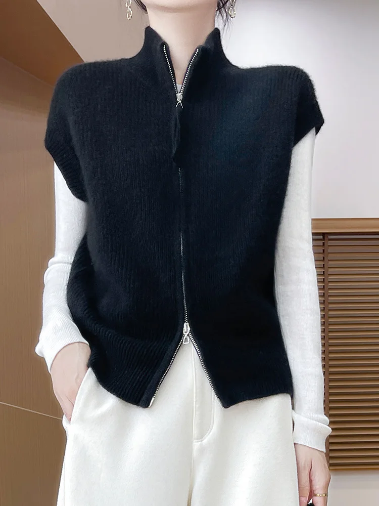 New Chic Women Zippers Waistcoat Sleeveless Cardigan 100% Merino Wool Sweater Autumn Winter Cashmere Knitwear Korean Popular Top