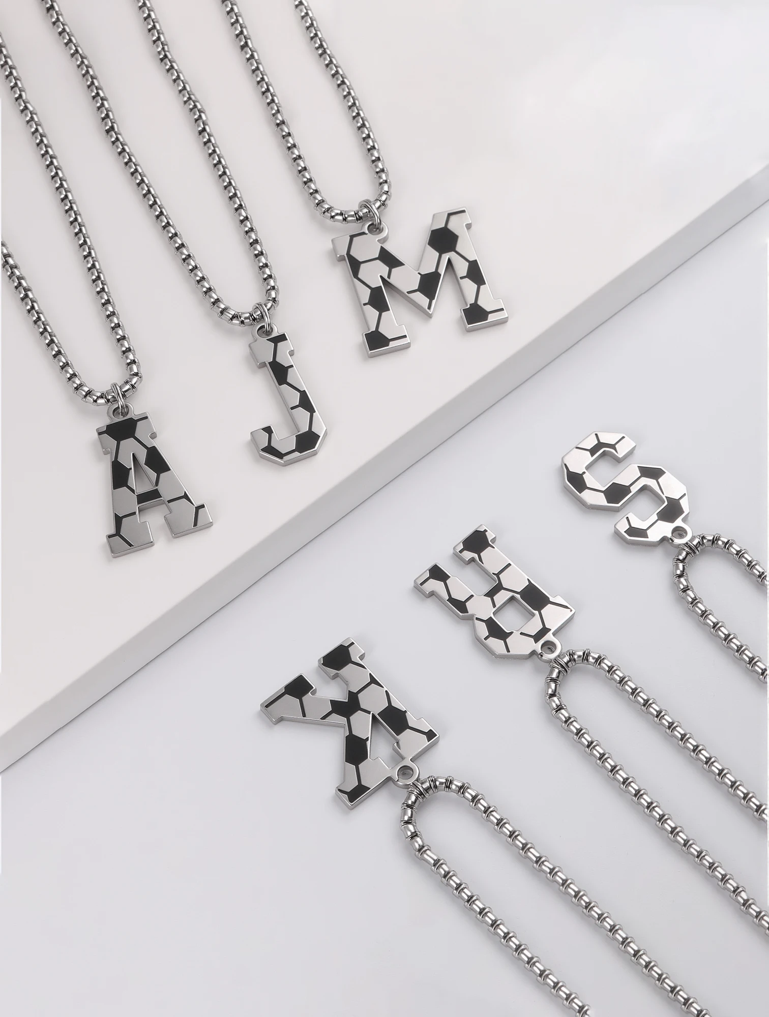 2PCs/Set INGAX Sporty Stainless Steel Initial Football Letter Necklace Men Soccer Necklace Set for Men Jewelry Birthday Gift