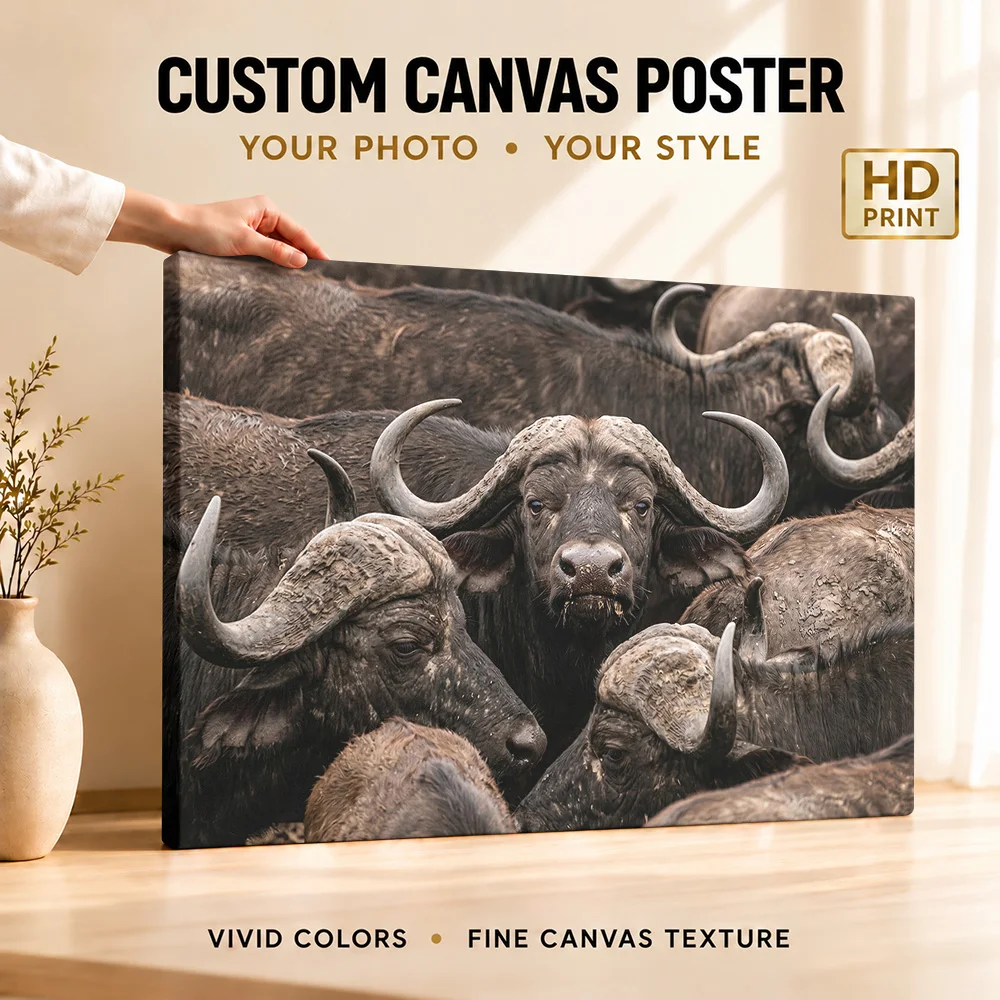 African Buffalo Herd Wildlife Gallery Wrapped Canvas Print Customized Photo Natural Closeup Wall Art For Study Nature Lover Gift