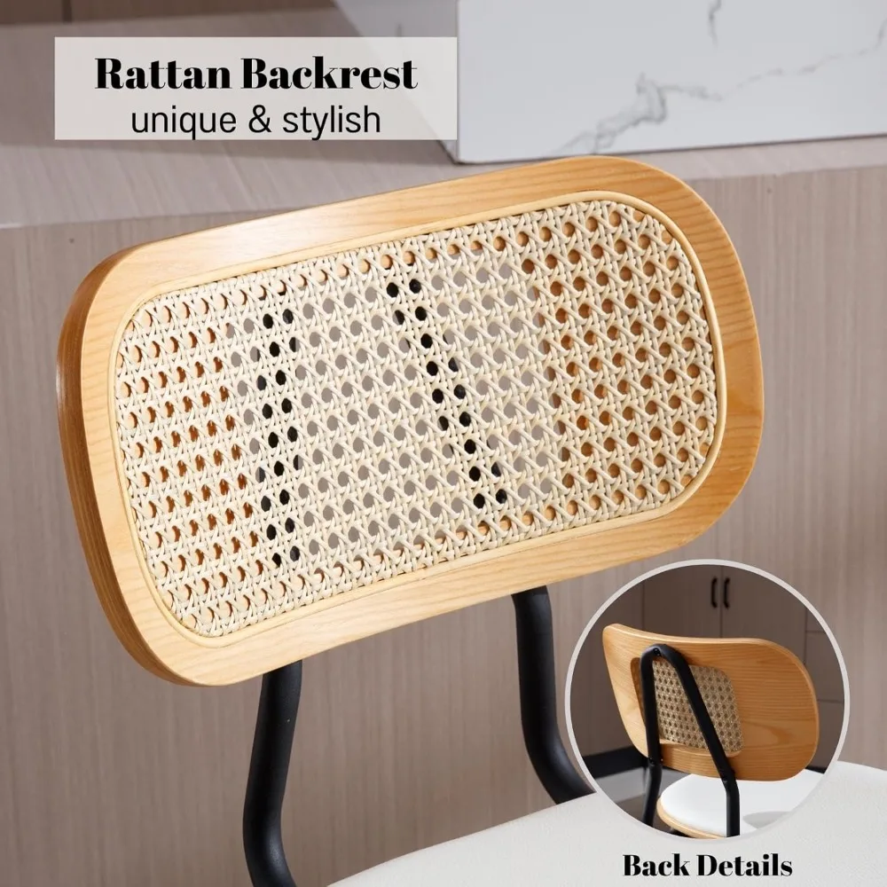 ชุดเก้าอี้บาร์ทันสมัย 2 ตัว, เก้าอี้บาร์สูง 26 นิ้ว พร้อมพนักพิงหวาย, เก้าอี้ครัวหุ้มหนัง PU พร้อมโครงโลหะสีดำ