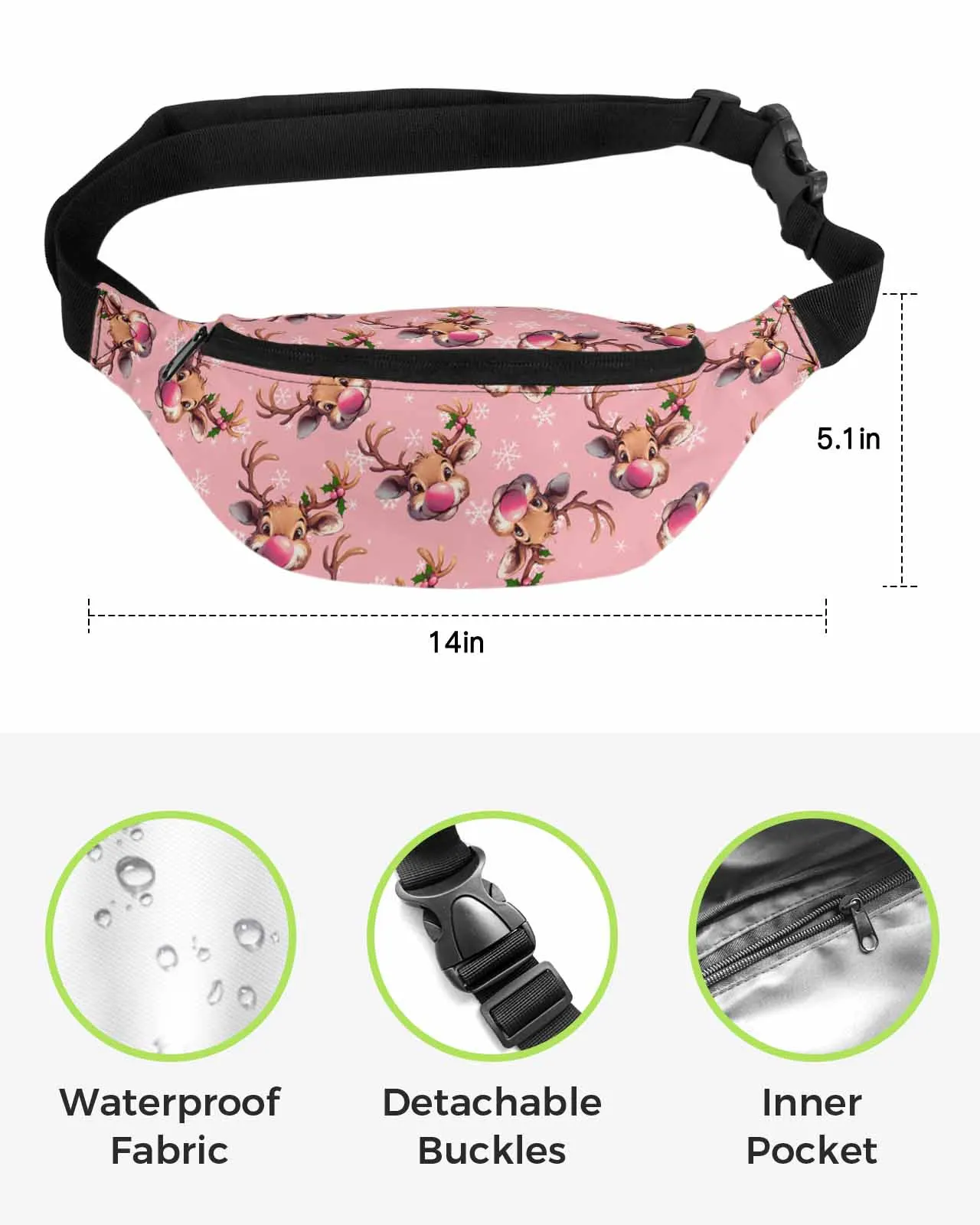 Pink Nosed Reindeer Texture Pink  Men Women Waist Bag Fanny Pack Phone Belt Bag Wallet Pouch Waterproof Banana Hip Bags