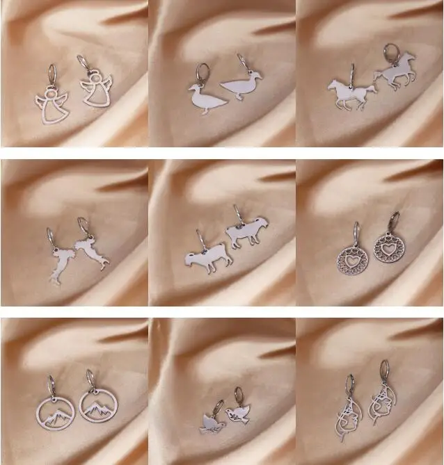 CHENGXUN Stainless Steel Angel Wings Earring Animal Hoop Earrings Charm Horse Farm Goat Bird Geometric for Women Party Jewelry