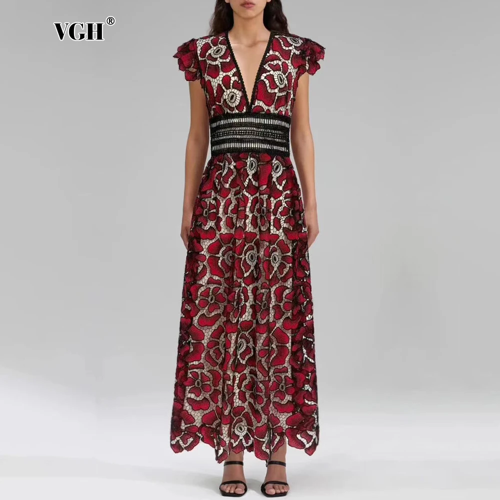 

VGH Embroidery Vintage Hollow Out Dresses For Women V Neck Flying Sleeve High Waist Elegant Slimming Long Dress Female Fashion