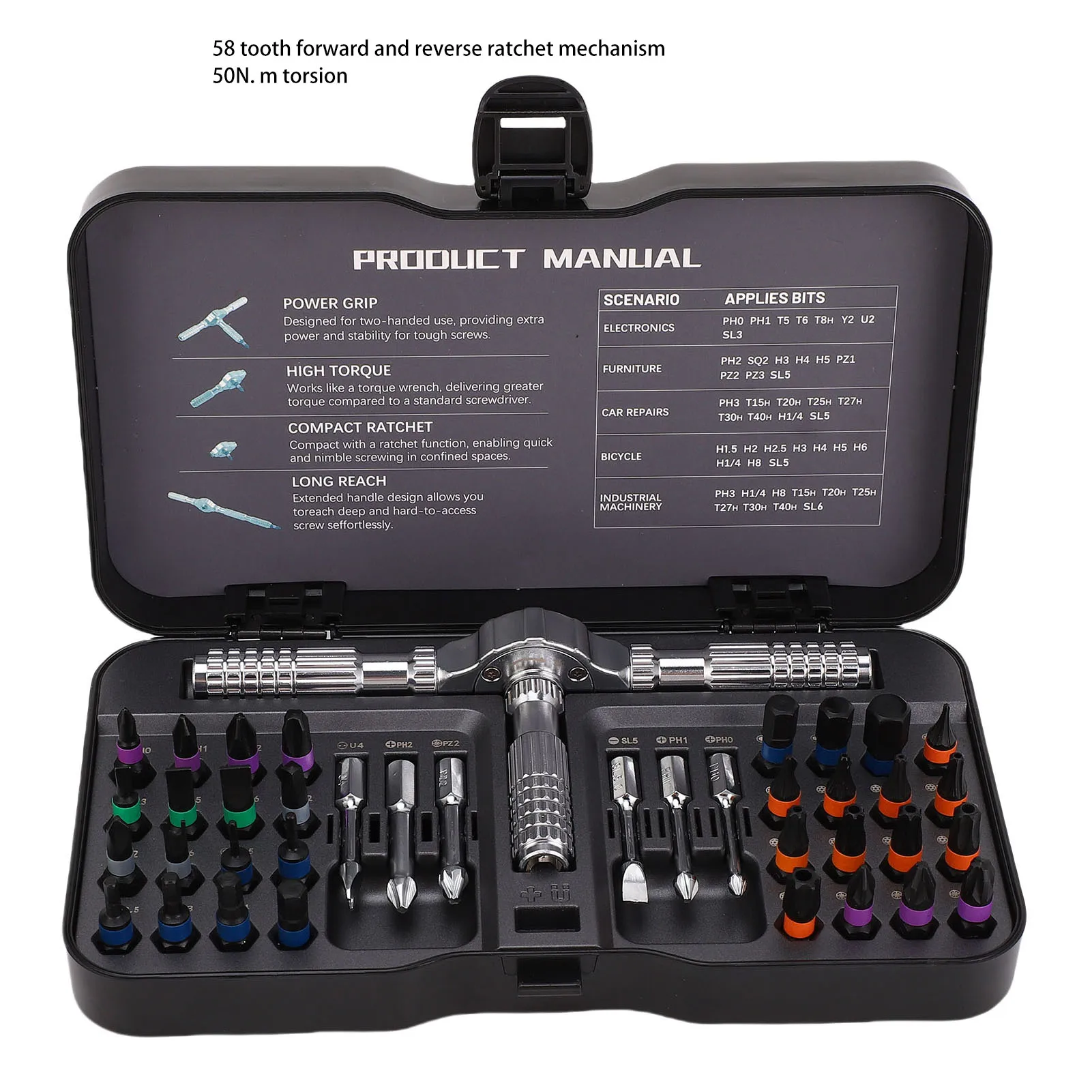 

Screwdriver Set Ergonomic Ratchet Screwdriver Detachable Handle 50N.m 58T Multifunctional Magnetic for Repair Maintenance