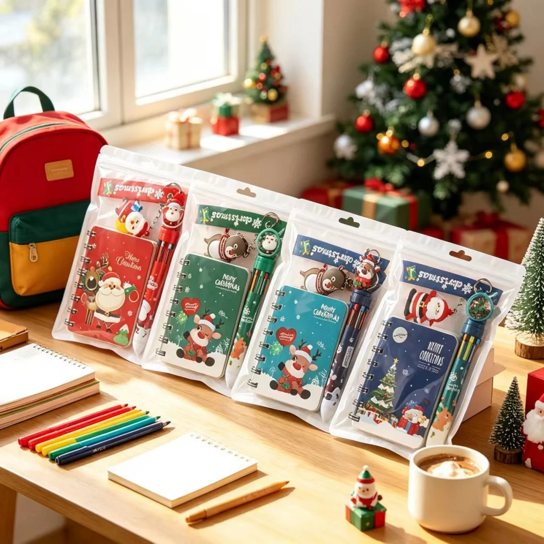 Cristmas Stationery Gift Set,10-color Ballpoint Pen,Mini Spiral Notebook,Cartoon Keychain,Xmas Holiday Present,Party Souvenir