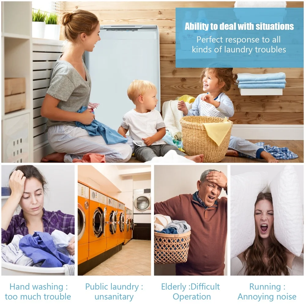 غسالة محمولة مدمجة أوتوماتيكية بالكامل بسعة 8.8 رطل، محرك متين، قفل أمان قابل للتعديل، أرجل RV للتخييم الأساسية