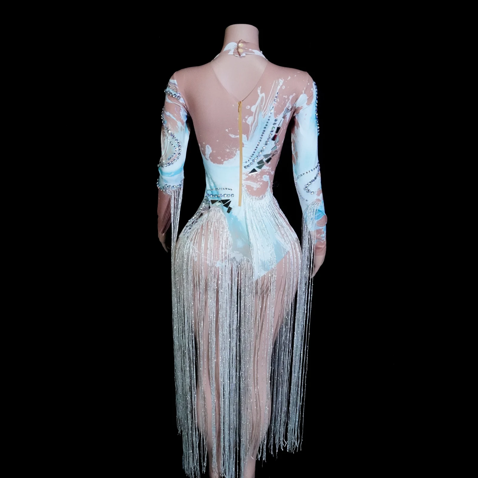 Spark Light Green Mirror Fringes Rhinestones White Bodysuit Leotard Party Dance Singer Nightclub Showgirls Stage Drag Costumes