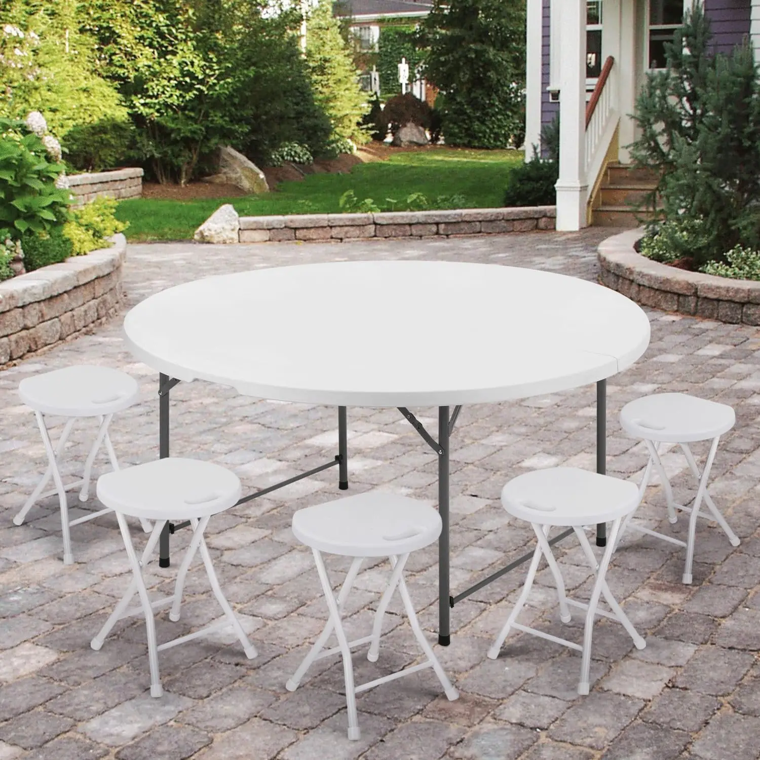 5Ft Round Folding Table, Indoor Outdoor Plastic Dining Card Table with Handle and Lock for Picnic Party