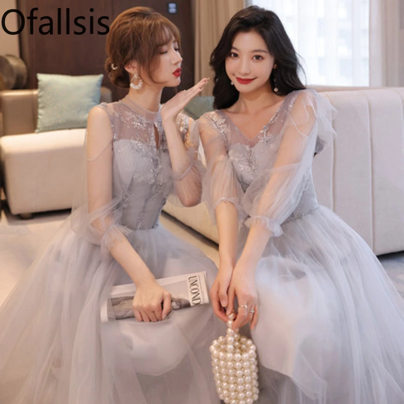 Ofallsis Grey V Neck Bridesmaid Dress 2024 New Summer Bridesmaid Fairy Long Girlfriend Sisters Group Long Dresses Mesh Stitching