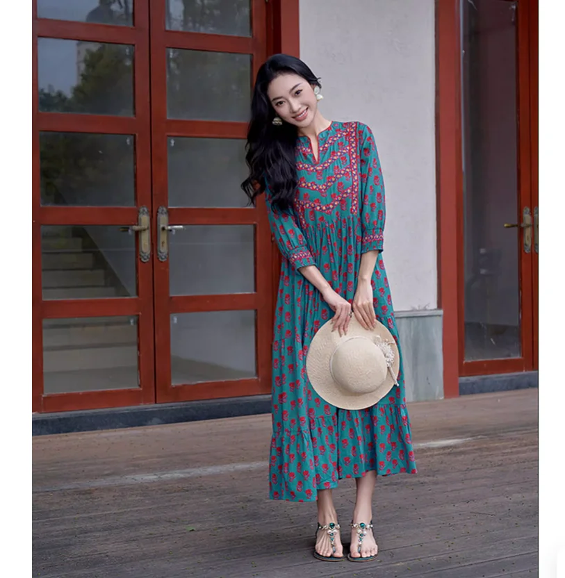 100% cotton three-quarter sleeves printed stand-up collar floral Indian ethnic style long dress