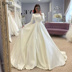 LORIE Vintage Satin Wedding Dresses O-Neck A-Line Cap Sleeves Button Bridal Gown Princess Muslim Solid Bride Dress Customized