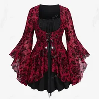 ROSEGAL Tallas grandes Mangas acampanadas góticas Malla floral cruzada Reunido con cordones Volantes fruncidos Top de manga larga acampanada 2 en 1