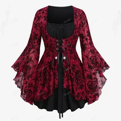 Plus Size Gothic Bell Sleeves Cross Floral Mesh Flocking Lace Up Ruched Ruffles 2 in 1 Long Bell Sleeve Top