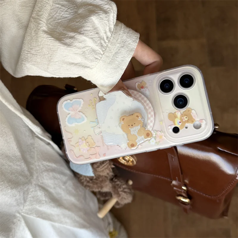 귀여운 만화 곰 나비 자석 휴대폰 케이스 아이폰 17 프로 16 14 15 프로 맥스 커버 홀더 포함 충격 방지 케이스 재미있는 디자인