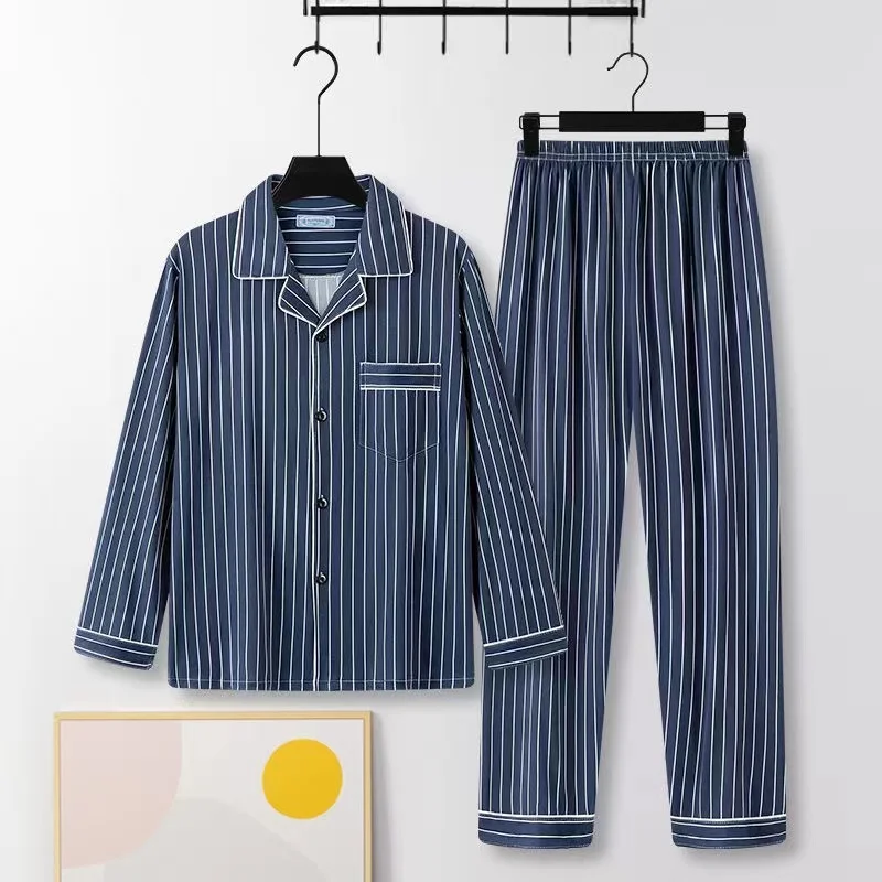 Casual Pure Cotton Men's Sleepwear Long Sleeve Long Pants Two-Piece Set Plaid Striped Simple Wearable Home Clothes