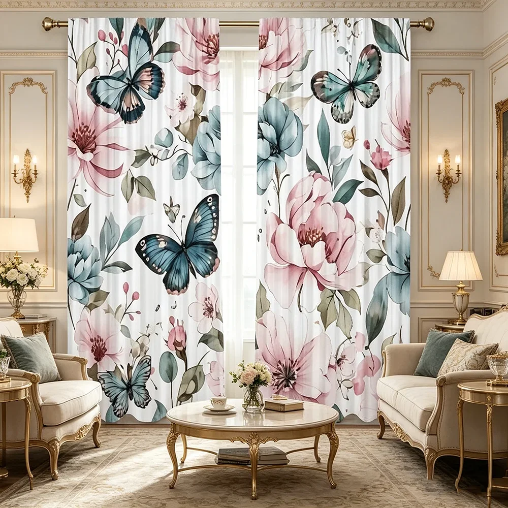 2PCS Digital Printed Curtains, Butterfly Peony Floral Chinese Style, Rod Pocket Window Drapes for Living Room Bedroom Decor
