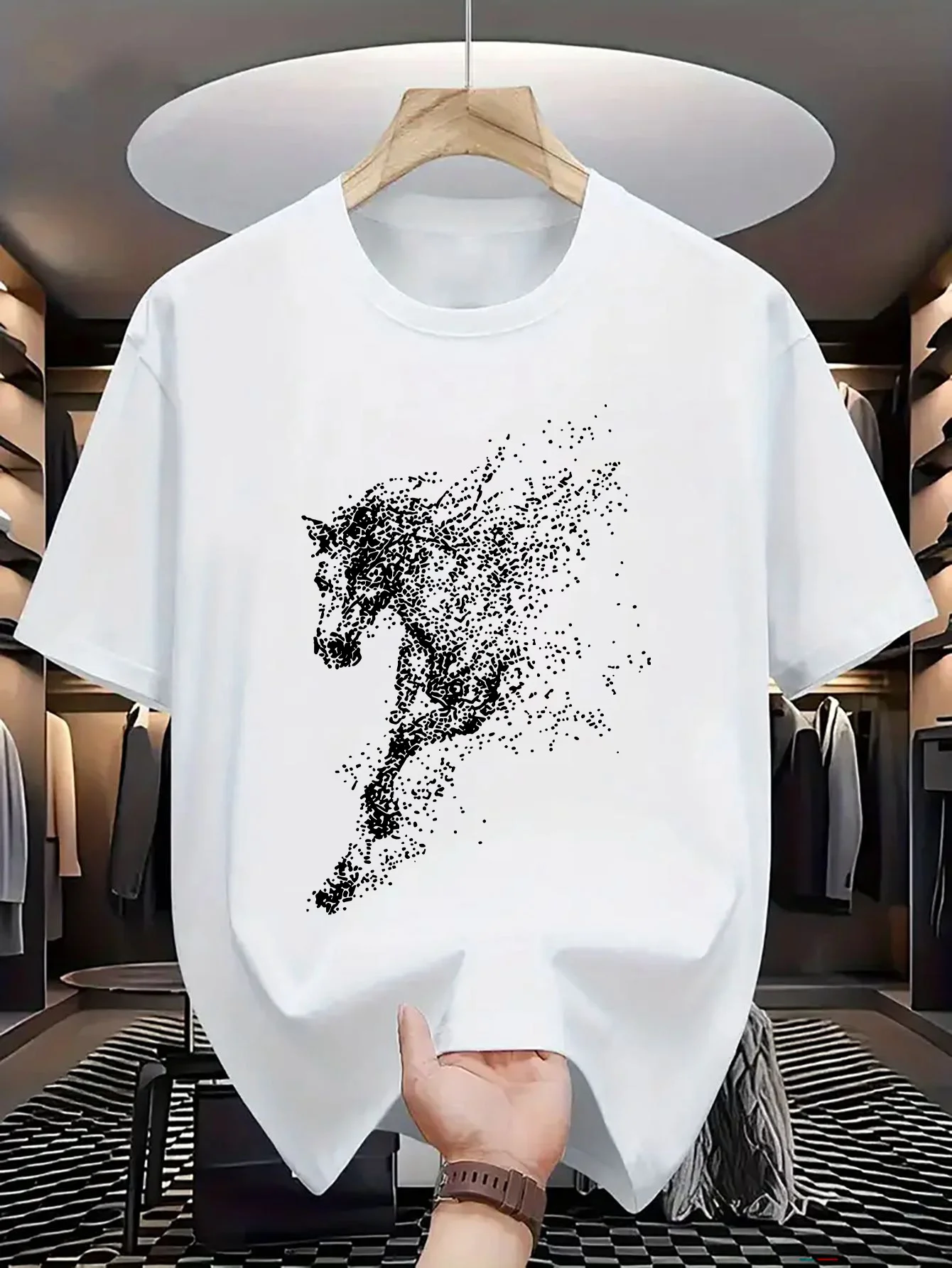 Men's 100% Cotton Summer Crew Neck T‑Shirt, Dot‑Art Steed Print, Fashion Casual Sports Loose‑Fit Daily Short Sleeve Top