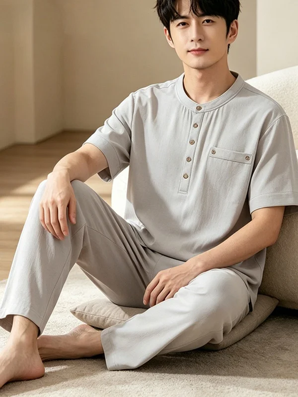 メンズ竹繊維パジャマ夏薄手半袖ゆったりホーム服セット屋外でも着用可能半袖長ズボンツーピース