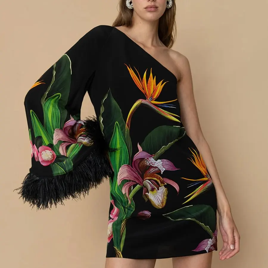 FLAXMAKER Floral Print One-Shoulder Feather Sleeve Dress