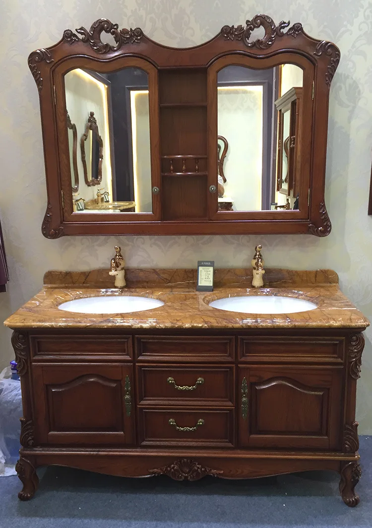 

Factory direct European bathroom cabinet solid wood carving flower bathroom cabinet oak antique washbasin