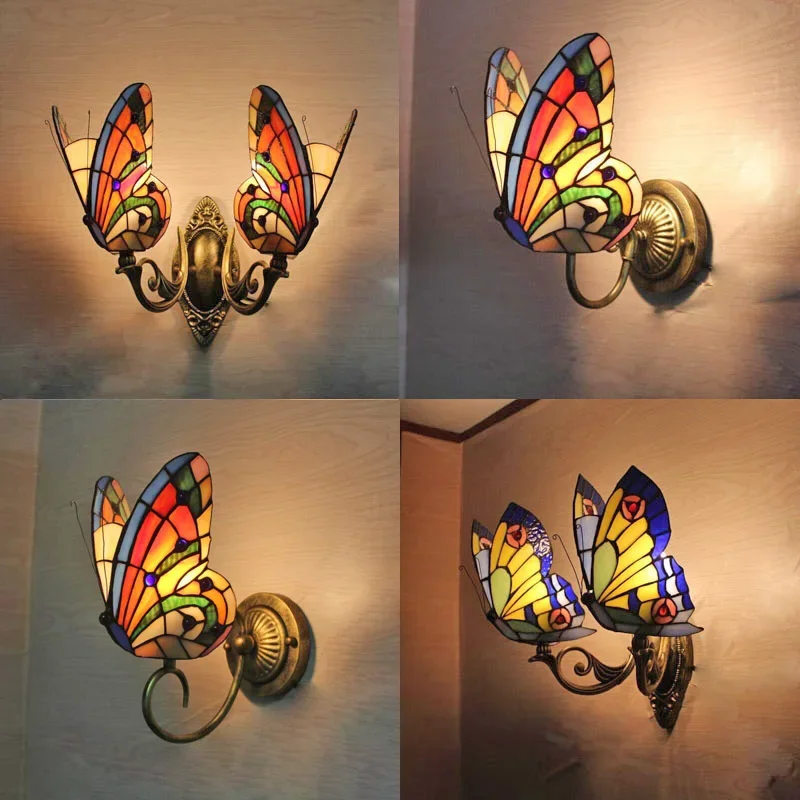 European pastoral coloured butterfly wall lamp living room  bedside lamp Mediterranean coloured glass wall lamp