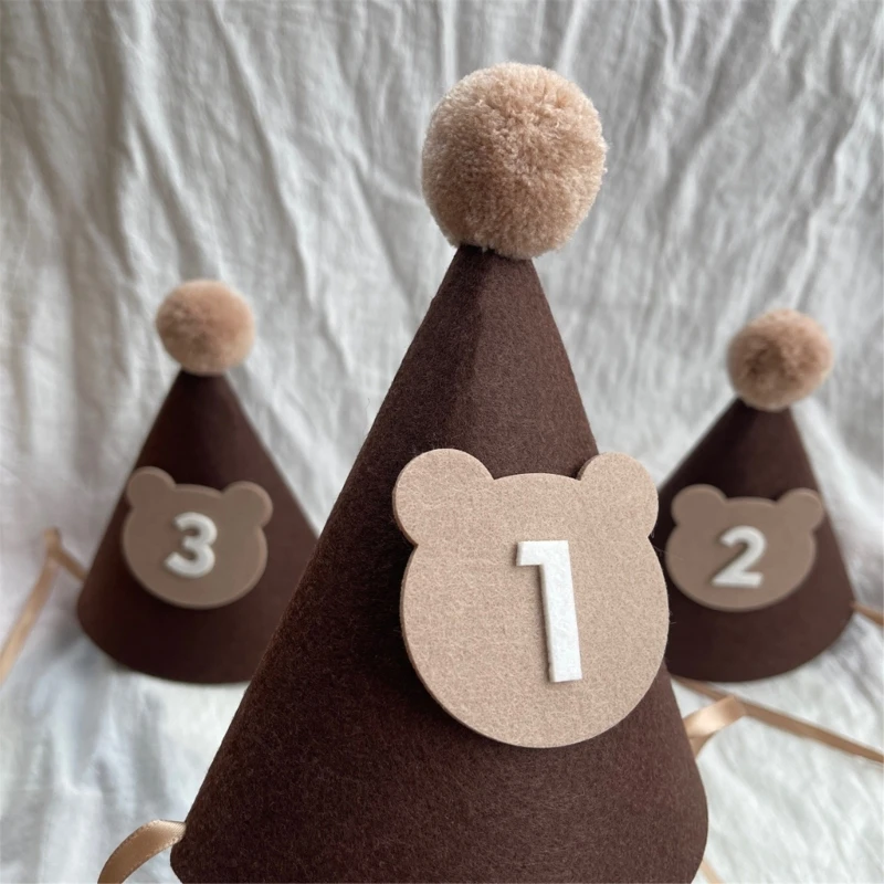 Coffee Bear Baby Birthday Hat Soft Shower Party Peaked Cap Adjustable Size with Digits Number Creative Photography Prop