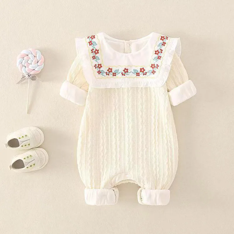 New Arrival Embroidery Spring Autumn Infant Baby Girls Jumpsuit Warm Newborn Jumpsuit Cute Red Beige Baby Girls Playsuit